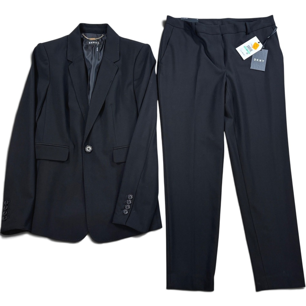 DKNY Womens Black 2 Piece Pant Suit Set Single Button Blazer Trousers 8P NEW